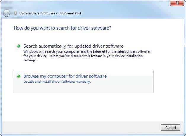You will then be prompted as to whether to search for the driver or browse the computer. If the driver installation as shown in Section 3.1, Driver Installation (p.