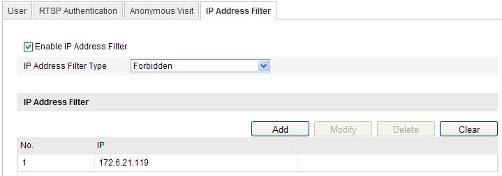 98 10.4 Configuring IP Address Filter With this function on, the camera allows certain IP addresses whether to log in or not.