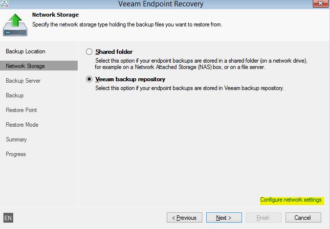 CloudBond 365 Figure 44-3: Veeam Endpoint Recovery Backup Location Notes: It is possible to perform a restore by using the Local Storage (USB Disk) option.
