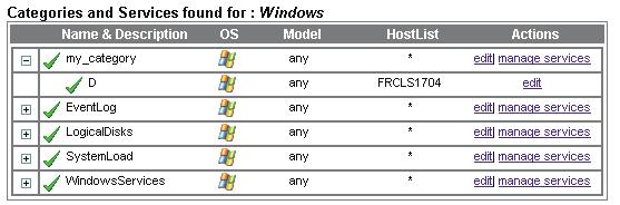 Figure 5-15. Categories and services table with a new service 5.5.2 Creating a New Category and a New Service This example shows how to create a new category (my_category) for a host and to create a new service based on a new Nagios plugin (check_demo.