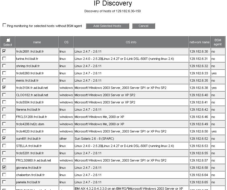 Figure 3-2. Discovery result Select all or some hosts to be monitored from the list. Then select Ping monitoring for the selected hosts without the BSM agent option, if required.