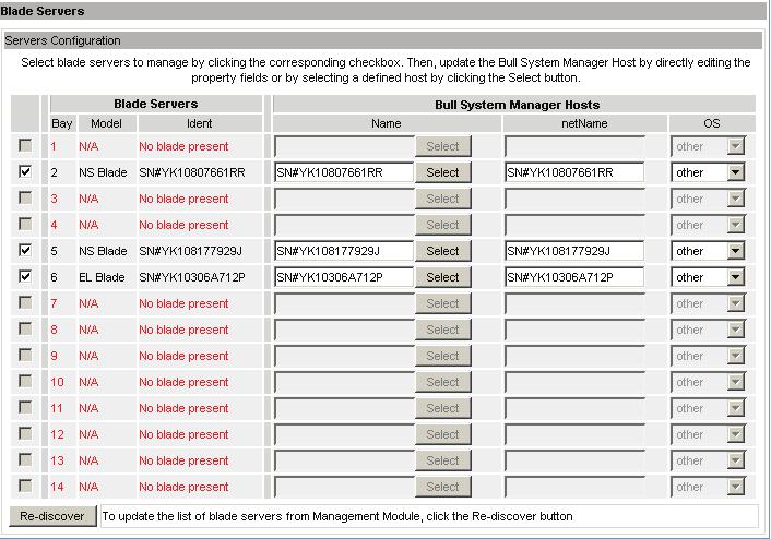 Blade Servers Lists the servers to be managed by Bull System Manager. At chassis creation, this part of the form is not displayed.