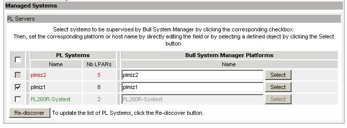 Once an HMC with managed systems is defined, the Managed Systems part displays the server topology as registered in Bull System Manager.