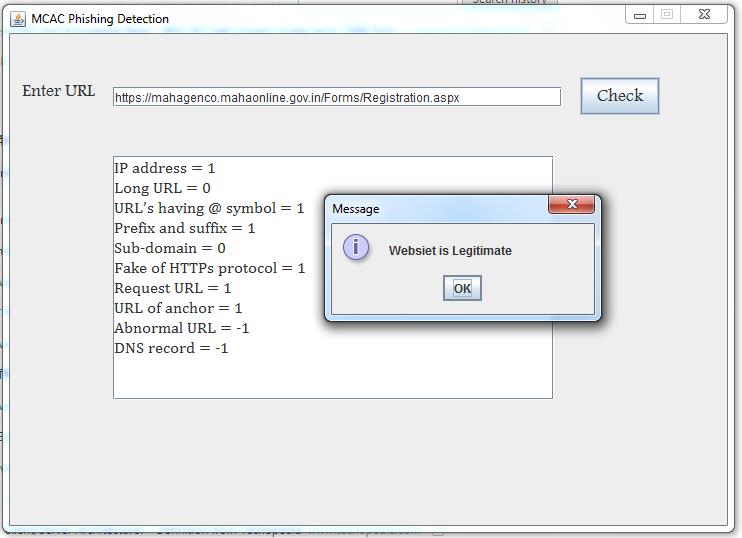 Fig 1:Screenshots of MCAC Algorithm. User gives input as URL and click on check button.