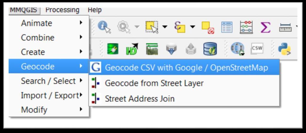 Click on MMQGIS (which will be located on the menu at the top) > Geocode > Geocode CSV with Google/OpenStreetMap. Browse. Click your file to populate QGIS Web Service Geocode dialogue box.