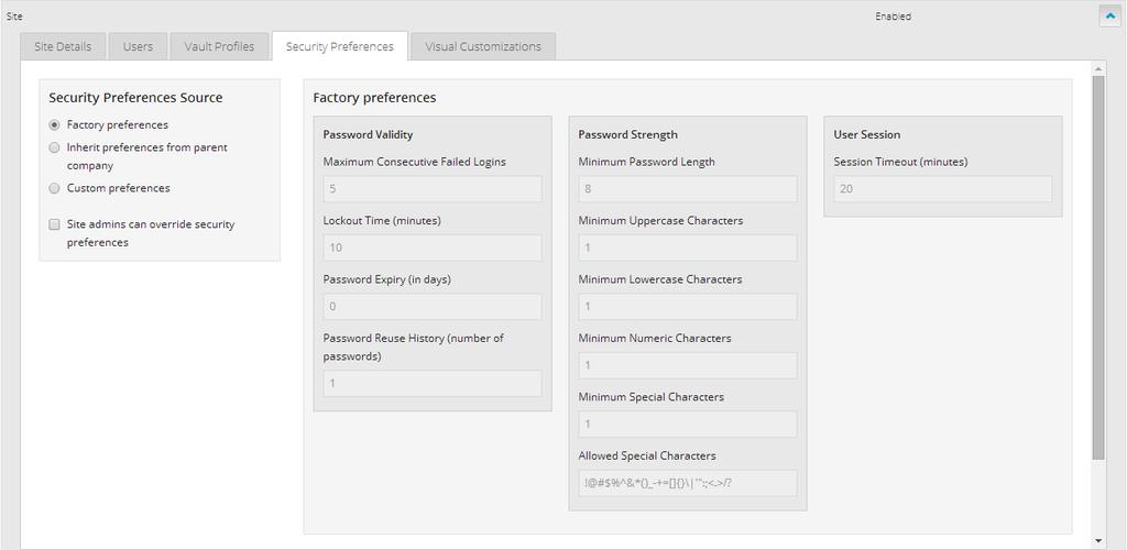To set a site s security preferences, you can do one of the following: Apply factory security preferences that are installed with Portal.