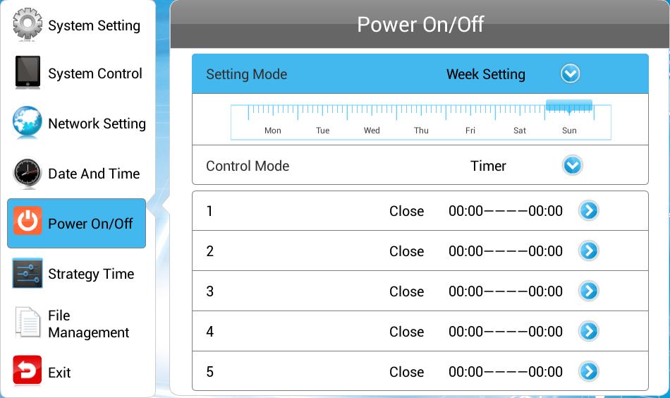 There are two Setting Modes Daily, allowing you to set the same on/off times for every day of the week or Weekly, allowing you to set individual on/off times for each
