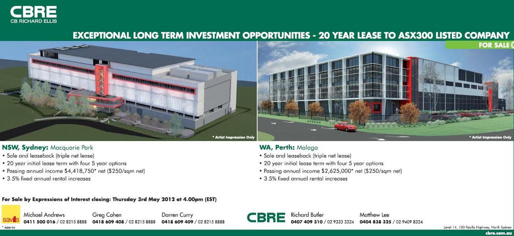 Sale and leaseback marketing campaign CBRE and Savills (two of the largest real estate companies in Australia) have been engaged to undertake sale and