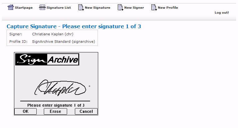3. Sign on the tablet, confirm each signature with the "OK" button. Click the "Erase" button if you want to erase and reenter a signature.