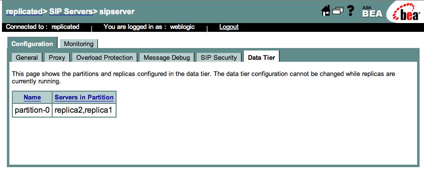 Best Practices for Configuring and Managing Data Tier Servers the current data tier configuration using the Configuration->Data Tier page of the WebLogic SIP Server Administration Console, as shown