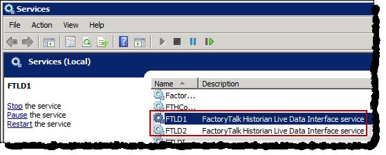 Configuring FactoryTalk Historian Chapter 5 View the status of Live Data interface services For each instance of the FactoryTalk Historian Live Data Interface, a service (FTLD) is created and started