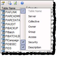 The Security column contains a summary of security-related information: a list of the security components (identities, users, and/or groups) assigned to the database table, and their rights displayed