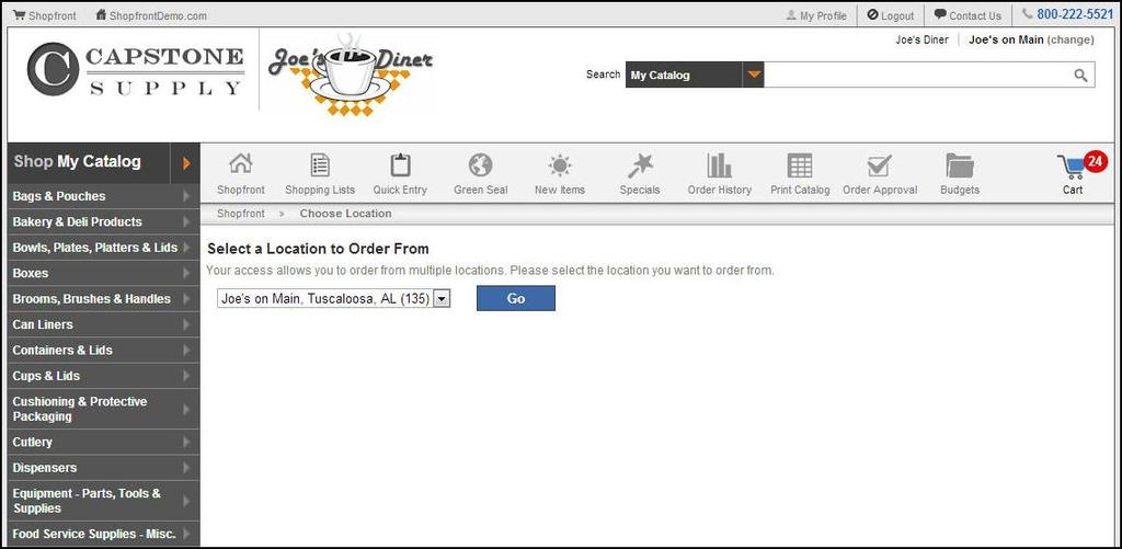 Change Location The Change link located above the Search Box allows you to choose which location for which to place an order.