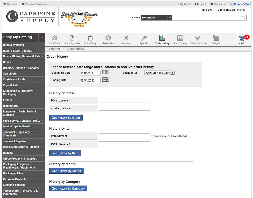 Order History To review the orders that have been placed, click on the Order History button on