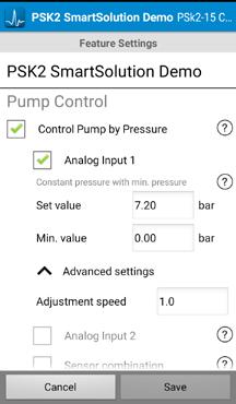 PumpScanner 25 Pump Control by Pressure with a LORENTZ pressure sensor installed and configured at either analog input then Control Pump by Pressure is available with three options: Pressure on/off