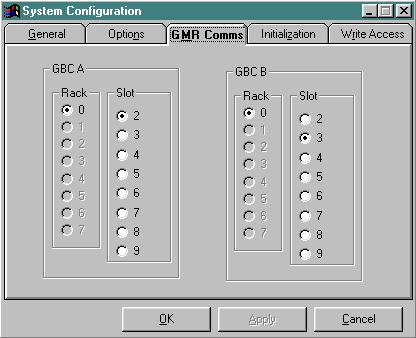 6 System Configuration, the GMR Comms Tab Use the GMR Comms tab to identify the two bus controllers that the GMR CPUs will use to exchange operation information.