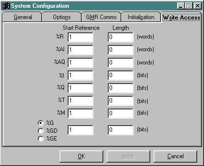 6 System Configuration, the Write Access Tab On the Write Access tab, you can assign the starting addresses and lengths for any memory areas that data can be written to through a CMM, PCM, or