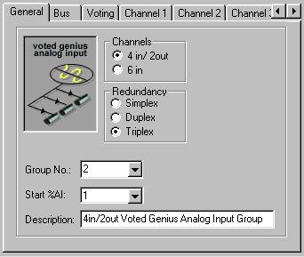6 Voted Genius Analog Inputs, the General Tab Description Group No Channels Redundancy Start %AI You can edit the description of up to 40 characters for the input group.