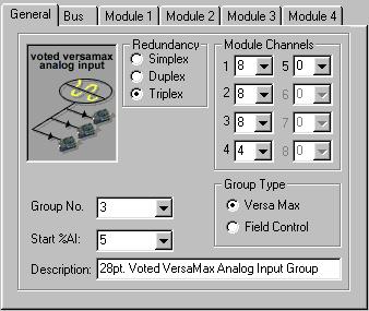 6 Voted VersaMax or Field Control Analog Inputs, the General Tab Description Group No Redundancy Start %AI Module Channels Group Type You can enter a name or a description of up to 40 characters for