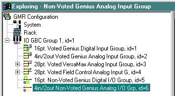 To add a Non-Voted Genius Analog I/O Group to the Bus Controller Group, from the I/O toolbar or the Insert menu, select Insert Nonvoted Genius Analog I/O
