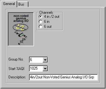 6 Non-voted Analog Genius I/O, the General Tab Description Group No Channels Start %AQI You can enter a name or a description of up to 40 characters for the group. This is for your information only.