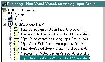 To add a Nonvoted VersaMax or Field Control Analog Input Group to the Bus Controller Group, from the I/O toolbar or the Insert menu, select Insert Non-voted VersaMax Analog Input Group or Insert