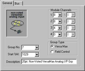 6 Non-Voted VersaMax/Field Control Analog Inputs, the General Tab Description Group No Start %AI Module Channels Group Type You can enter a name or a description of up to 40 characters for the group.