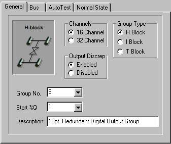 6 H-Block, I-Block, or T-Block Redundant Outputs, the General Tab Channels Group Type Output Discrepancy Group No Start %Q Description Select whether the group will consist of 16-circuit or