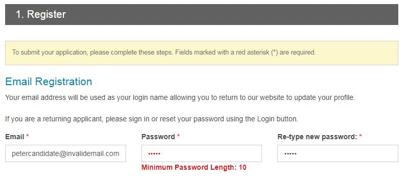 Message Presented to Candidate Reflects Password Settings Once the job seeker enters a password with the minimum length, if the password does not include a non-alphabetical character, and this