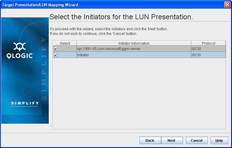 d. On the Select the Initiators for the LUN Presentation window (Figure 10), select the initiators for the LUN presentation, and then click