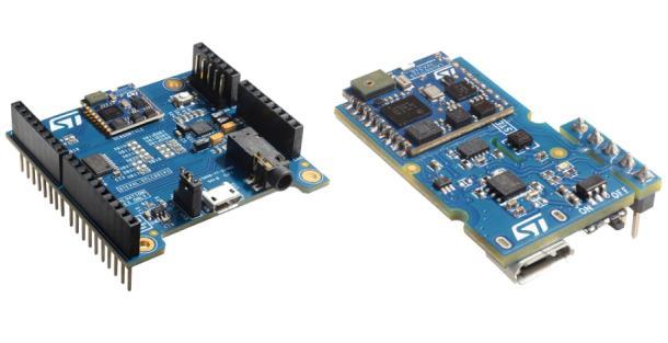 DAC and Arduino connectors, compatible with STM32-Nucleo STLCR01V1: compact SensorTile Cradle with USB, battery charger, humidity and temperature sensor, SDCard 100 mah Li-Ion Battery SWD programming