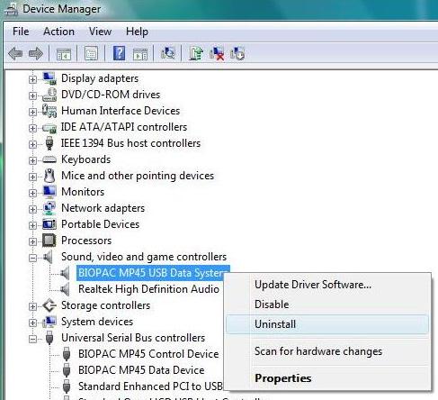 Device Manager components must be uninstalled separately: o o o USB Audio Device (under Sound, video and game controllers ) BIOPAC MP45 Control Device (under Universal