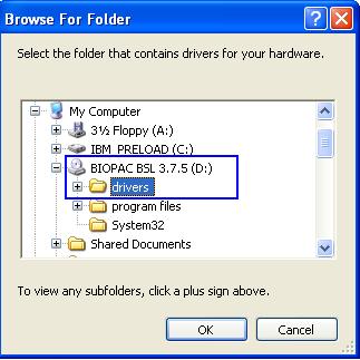 Browse to the Drivers folder on the BIOPAC BSL 3.