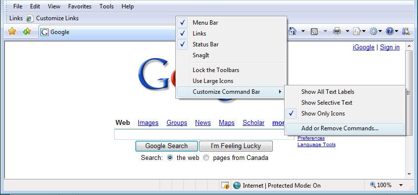 7. Right-click on a toolbar area again, point to