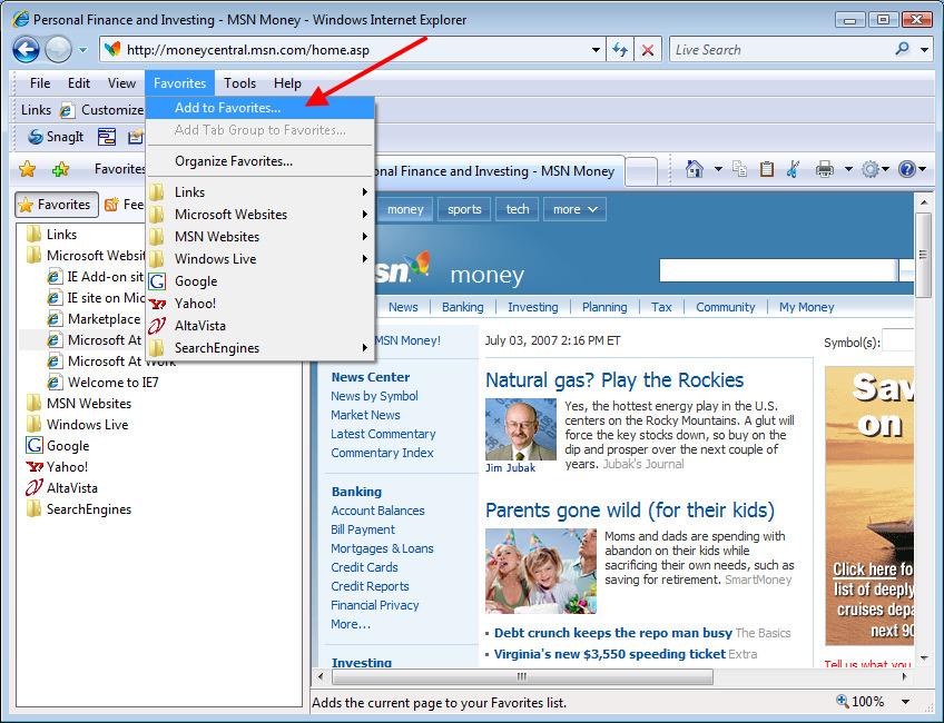 69 7. When the MSN Money Web site opens, click the Favorites menu followed by