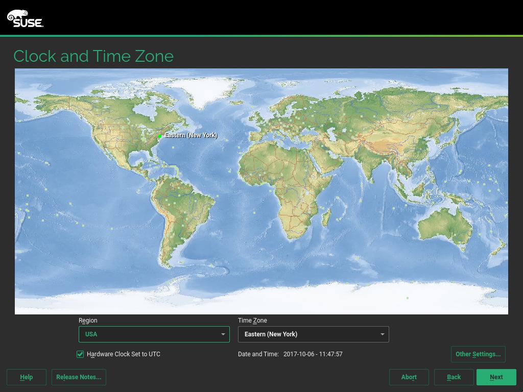 1.1.9 Clock and Time Zone Select the clock and time zone to use in your system.