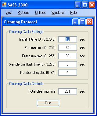 Run Cleaning Cycle At the end of the Fan run time the fan is shut off and the fluid is pumped out the spigot port in the back of the unit for the number of seconds shown in the Pump run time text box.