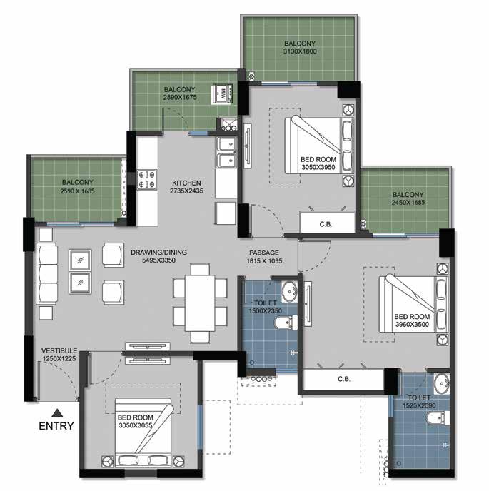 Type 3A 3 Bed + 2 Toilet 74.35 800.