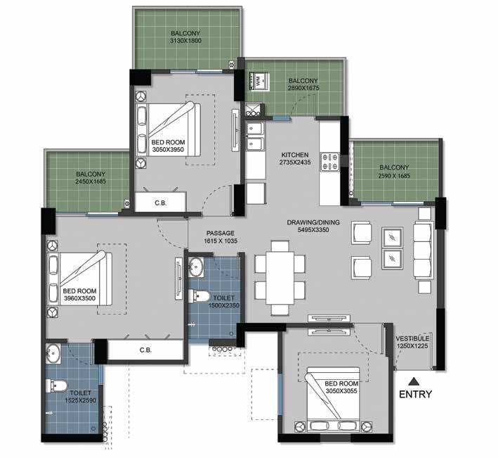 Type 3A 3 Bed + 2 Toilet 74.35 800.