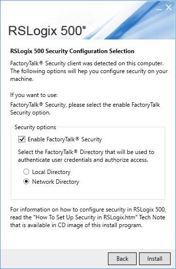Installation Chapter 1 9. (For RSLogix 500 only) In the Security options box, select the options as needed.