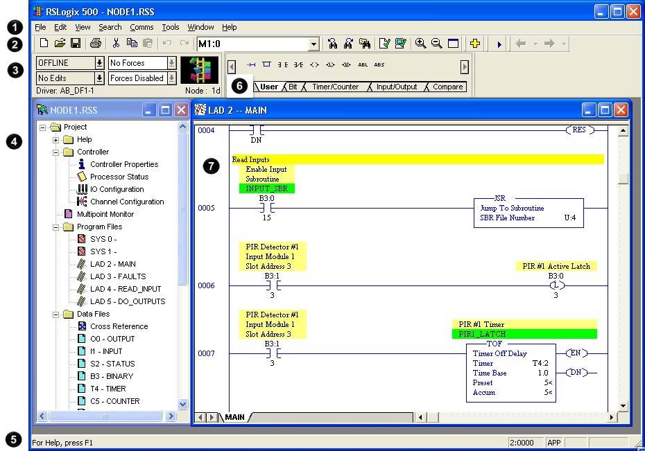 Chapter 2 Get started Explore RSLogix 500 and RSLogix Micro An example of an RSLogix 500 or RSLogix Micro project view: Item Name Description Menu bar Menu selections.