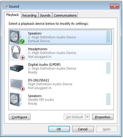In Windows Sound control panel, make sure the MedRx Audio Device is not set as default.