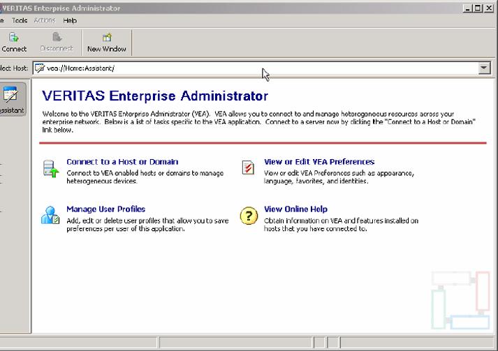 Introducing the Veritas Enterprise Administrator console Veritas Enterprise Administrator home page 13 Other views are application dependent.
