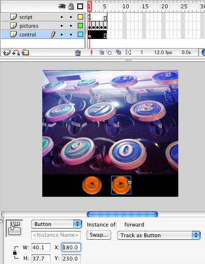35. Add a new layer and name it "control", move it to the bottom below the "picture" layer. This layer will end up with buttons on it. 36. The slideshow will require two buttons Forward and Reverse.