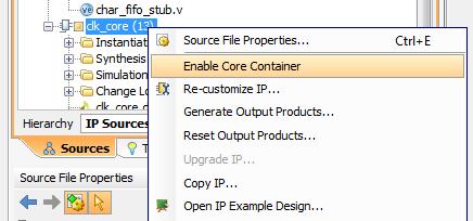 If you have an existing IP that you want to use the Core Container format, select the IP from the IP Sources tab, right-click, and select Enable Core Container as shown in the following figure.