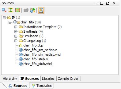 X-Ref Target - Figure 2-17 Figure 2-17: IP Customization with Generation of Output Products Skipped As shown in the following figure, when the output products are generated, the Sources window lists