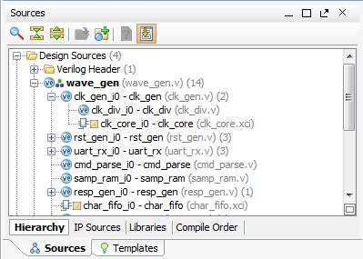 After the IP is instantiated into a design, the IP is listed in the Hierarchy tab of the Sources window at the location in the design where it is instantiated, as shown in the following figure, which