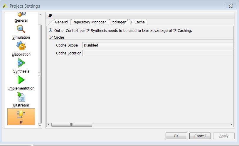 Setting the IP Cache To speed up generation of the synthesis output products for an IP using the default out-of-context flow you can enable the IP Cache option for use during synthesis, as shown in