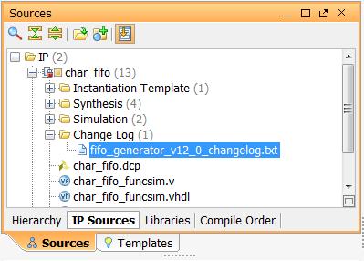 Upgrading an IP in a design creates an update log. These logs are available from the IP/ Change Log folder in the Sources window, as shown in the following figure.