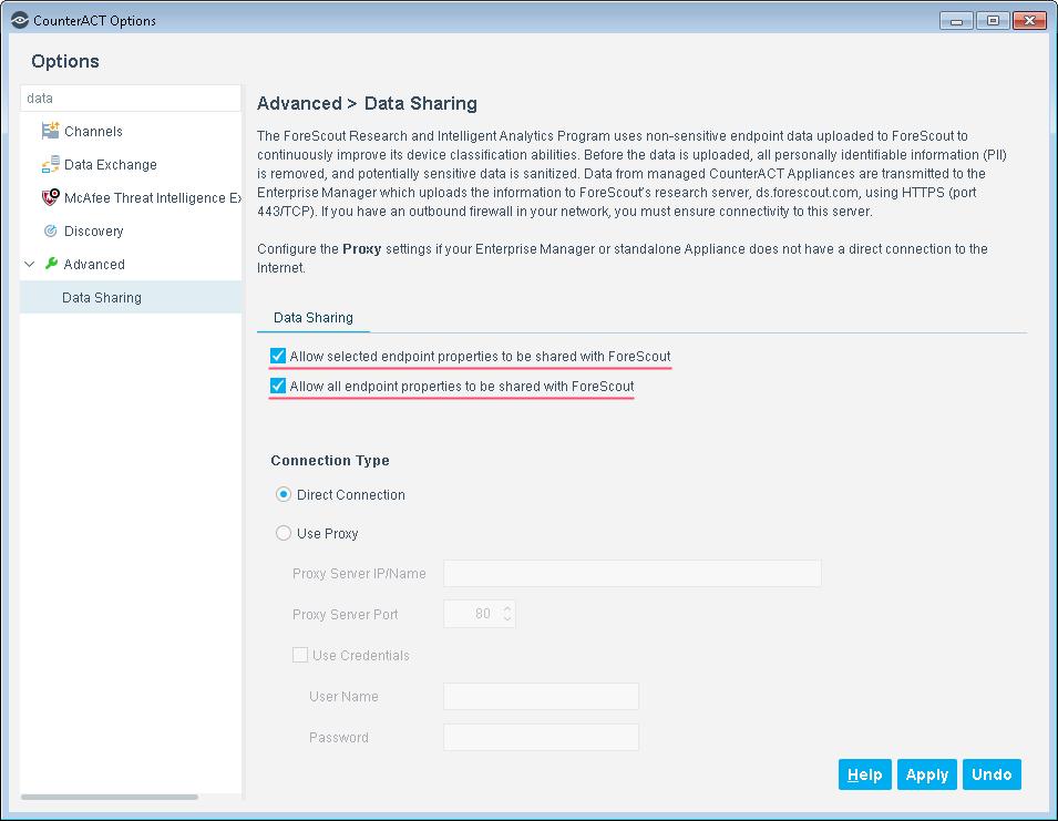 3. Select both checkboxes: Allow selected endpoint properties to be shared with ForeScout This allows basic data sharing.